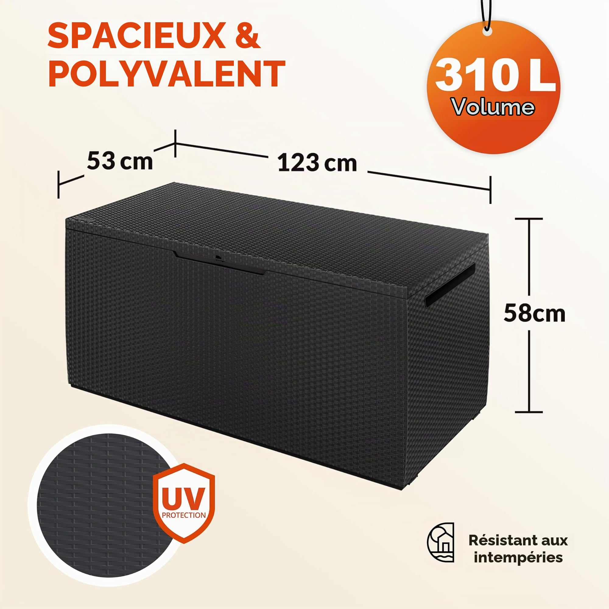 Deuba® Coffre de rangement jardin 310L Anthracite aspect rotin – Résistant UV avec roulettes et poignées – Coffre extérieur pour coussins, balcon, terrasse, véranda 123x53 cm