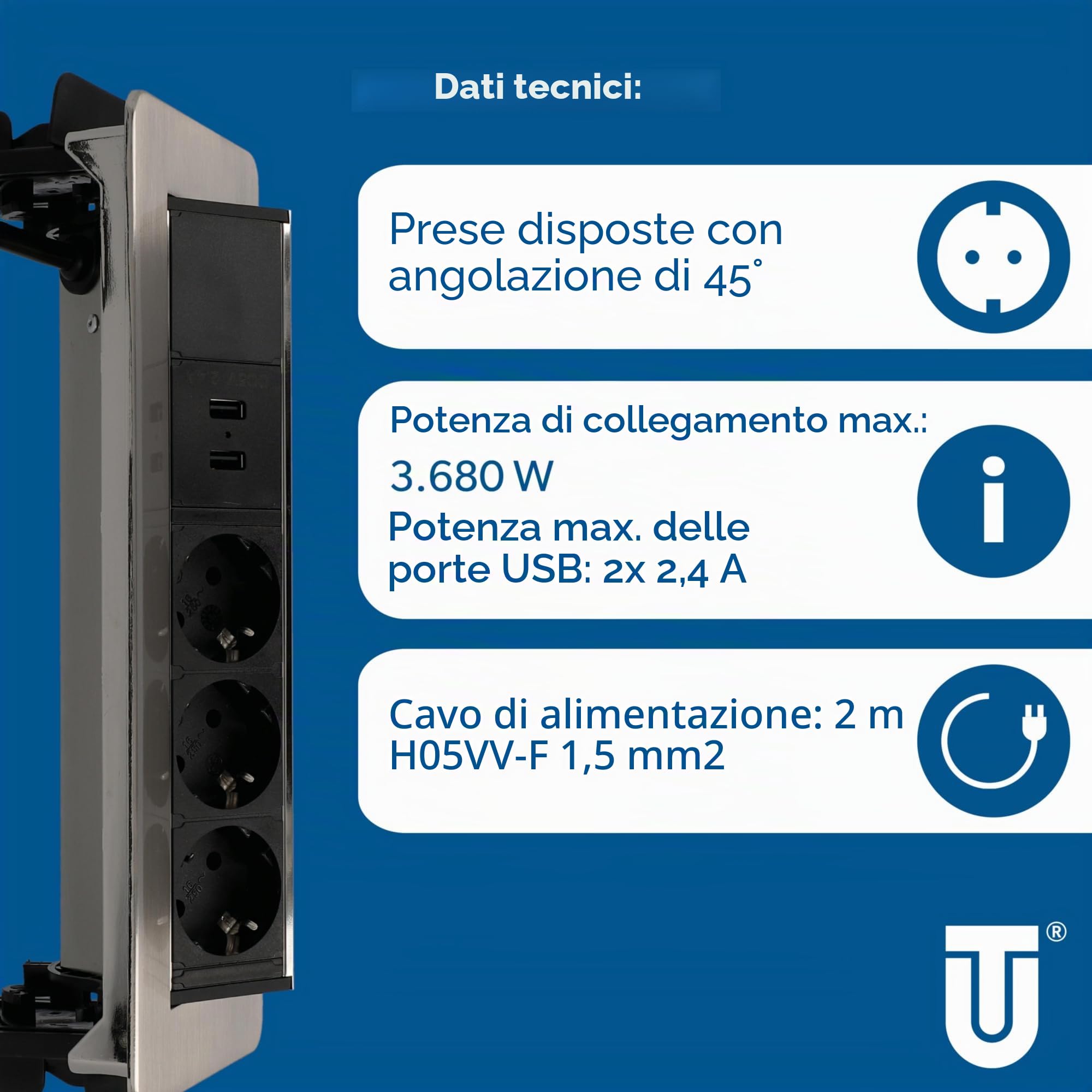 Unitec Ciabatta elettrica a scomparsa orizzontale, 2 prese di ricarica USB, 3 prese, alette di fissaggio incluse, cavo di collegamento e spina di alimentazione