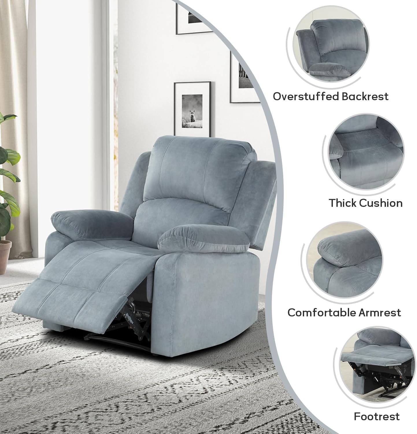 EBELLO Classic Manual Recliner Chair with Soft Padded Headrest and Armrest, Overstuffed Recliner Single Sofa Chair for Living Room, Bedroom, Grey