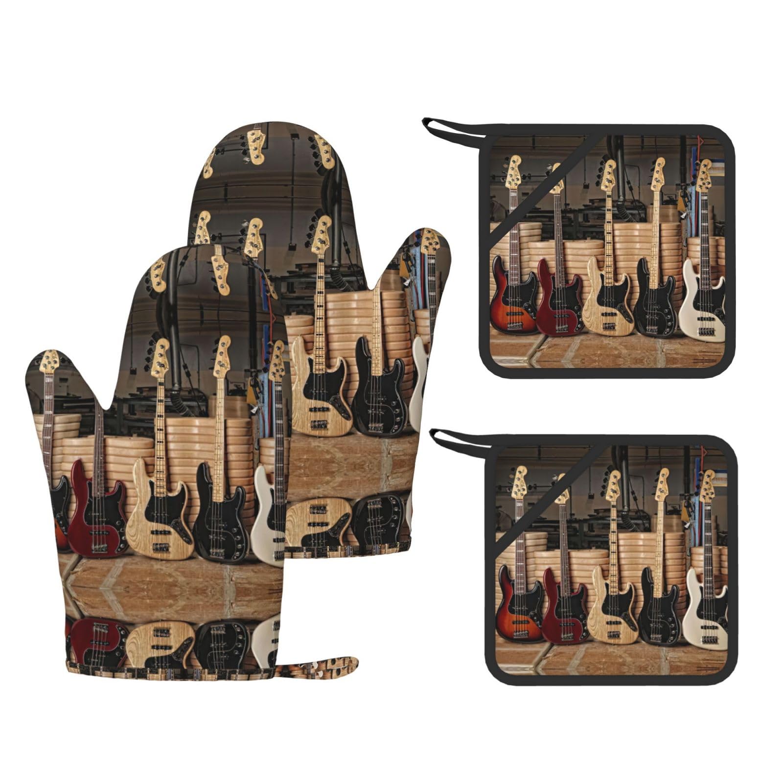 Guitar Bass Music Musical Instruments Fashion Printed Kitchen Kit with Heat Resistant Oven Mitts & Non-Slip Hot Pads for Baking