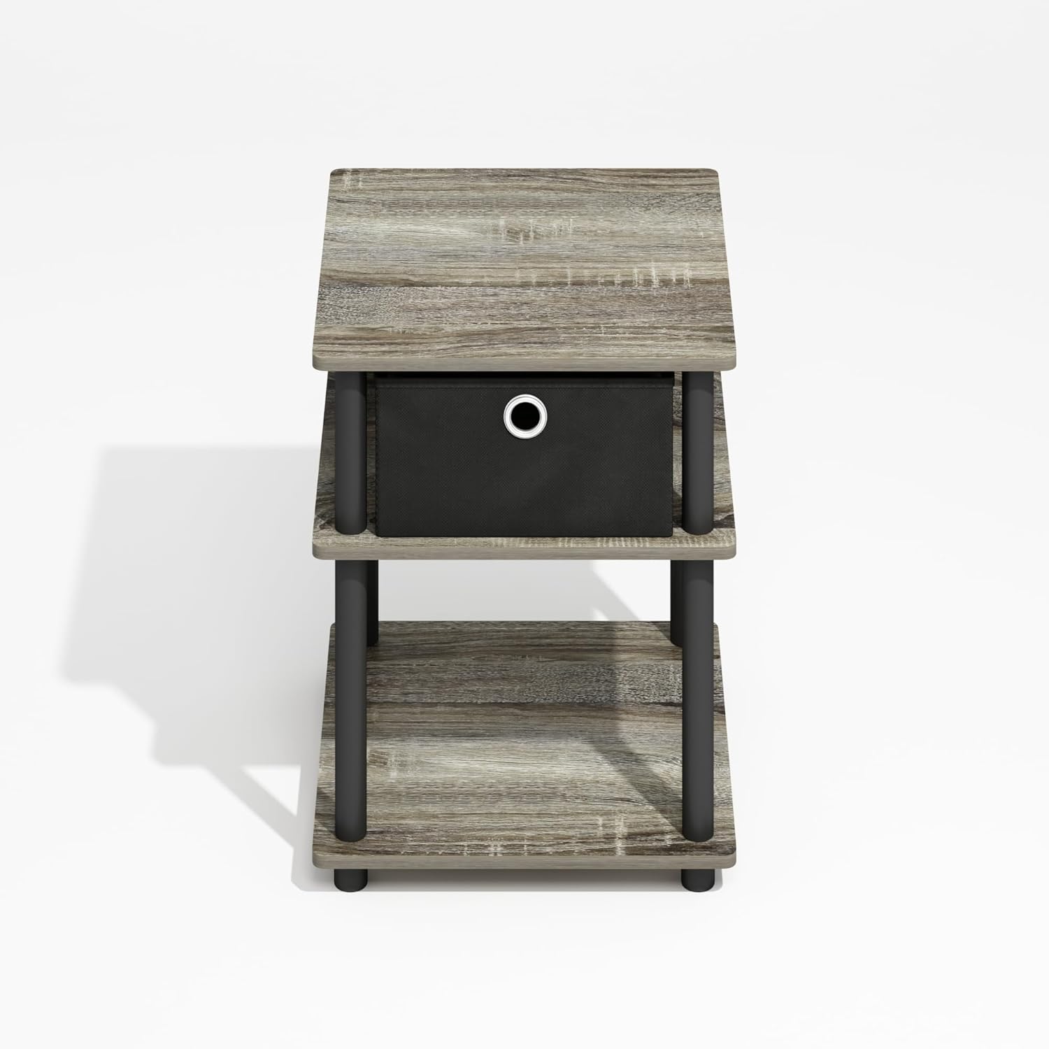 Furinno Turn-N-Tube Side Table, 3-Tier Square Modern End Table with Storage Bin, Open Shelf Night Stand, Bedside Table, Easy Assembly, Grey Oak/Black/Black