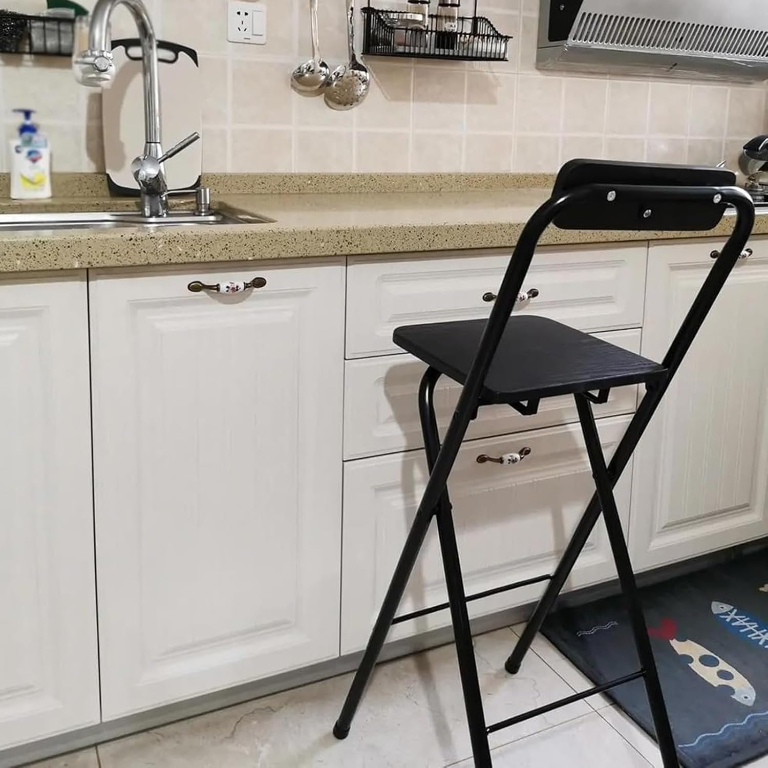 Folding Stool with Backrest, 60/65/70cm Height Foldable Stool, High Chair Wooden Mat, Indoor Tall for, Restaurant, Kitchen (Color : Black 2pcs Size 60cm/24 (Black 1pc 70cm/28in)