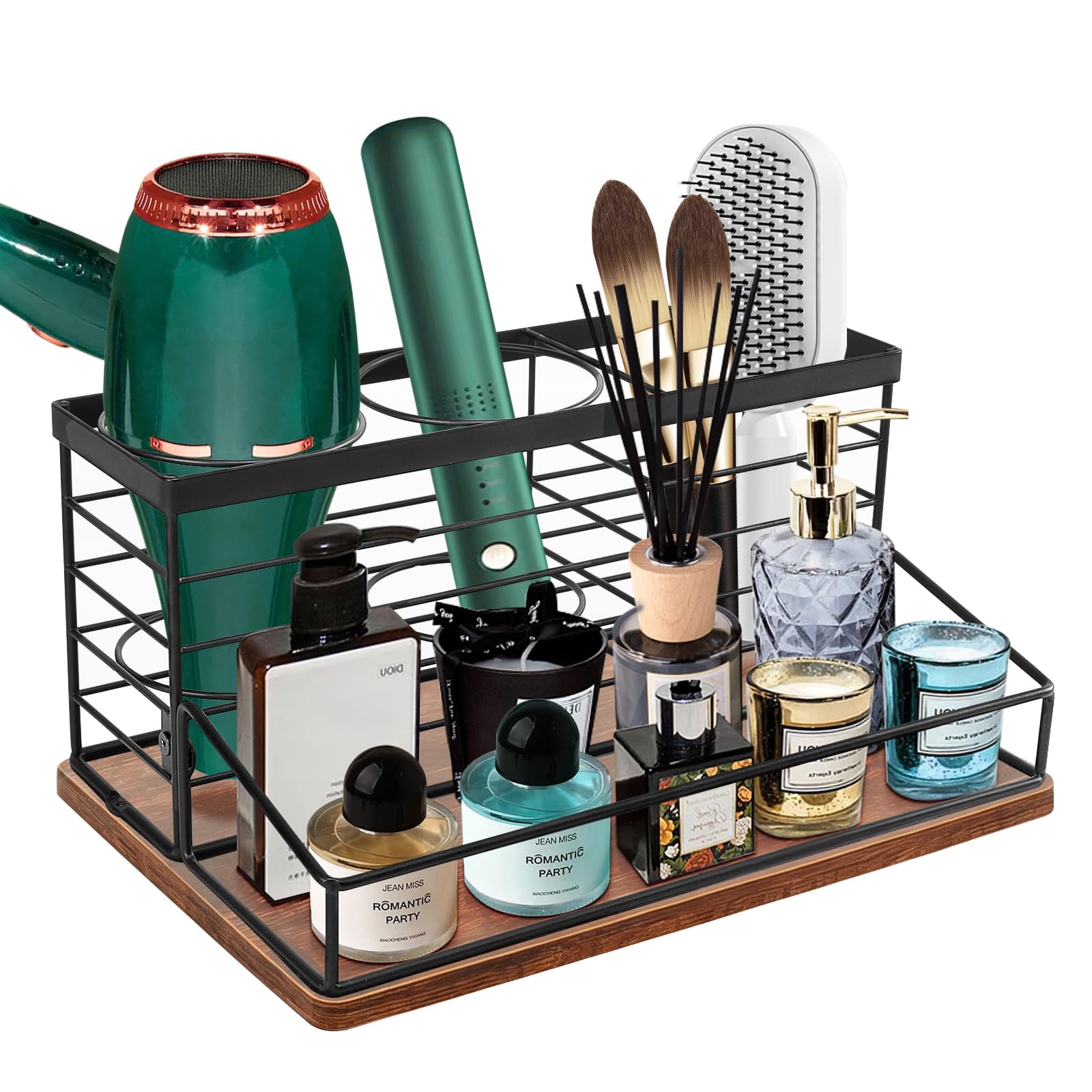 Hair Tool Organizer, Movable Hair Dryer Holder, Hair Styling Tools Storage for Vanity, Bath Counter Organizer, Bathroom Trays for Hair Toiletry, Makeup (12" x 7.7" x 5.8", Wood-Black)
