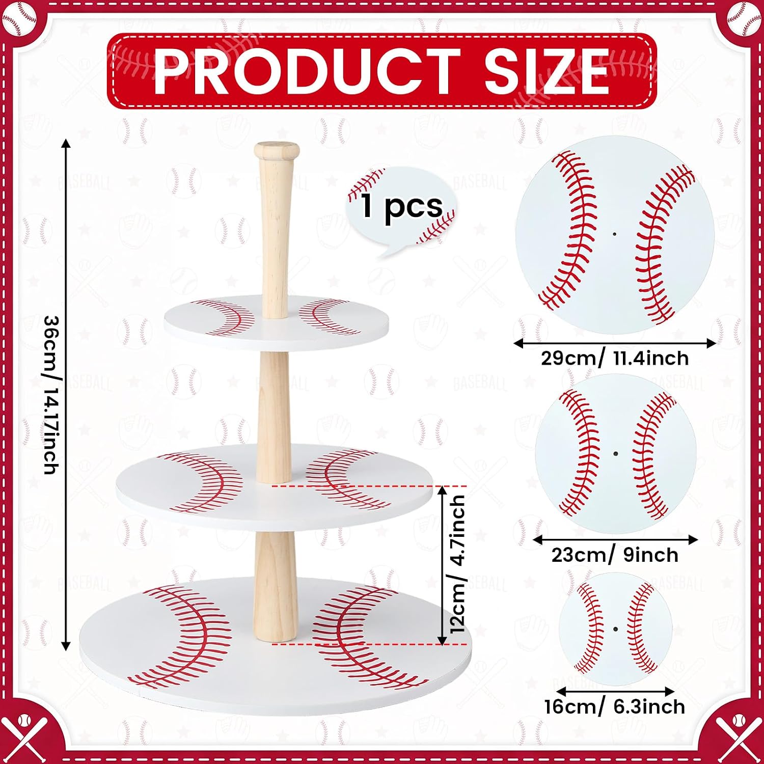Domensi 1 Pcs 3 Tier Baseball Serving Tray Wooden Baseball Cupcake Stand