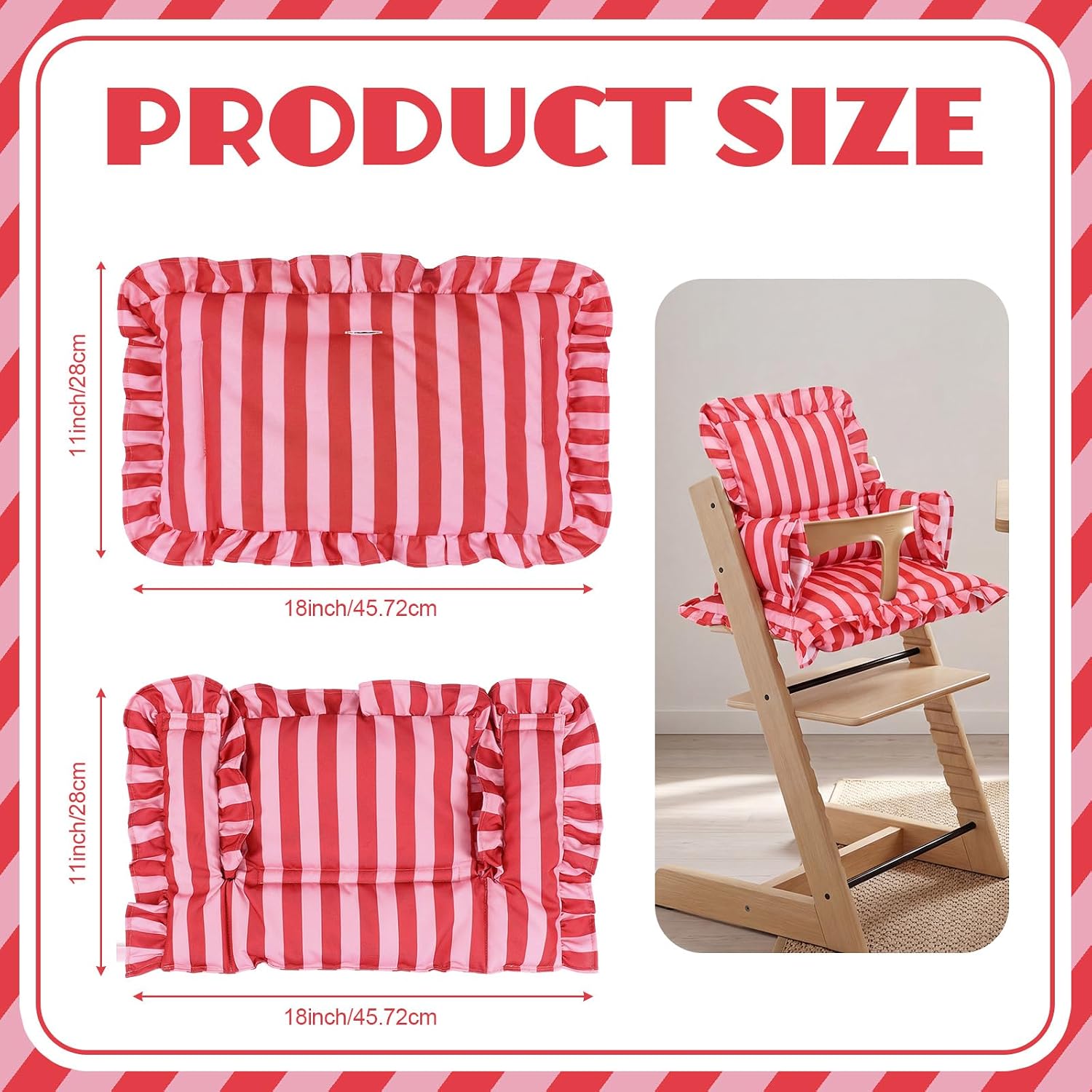 Hoteam Red Stripe High Chair Cushion with Ruffle Compatible with Tripp Trapp, Wipe Clean Soft Dining Seat Cushion for Baby Toddler Dining Feeding High Chair Accessories Make It Safer, More Comfortable