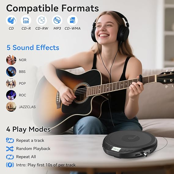 Gueray CD Player Portable Personal CD Players with Headphones LCD Display Anti-Skip Protection HiFi Classic CD Music Player Support PROG Memory Function CD Player for Car Home