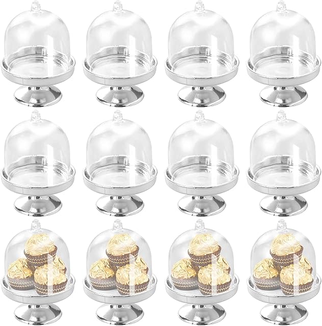 INHEMING 12 Pcs Mini Cake Stand with Dome Lid ,Plastic Transparent Mini Cupcake Display Stand , Candy Cholocate Macaron Holder Stand for Party Wedding Birthday and Baby Shower - Silver