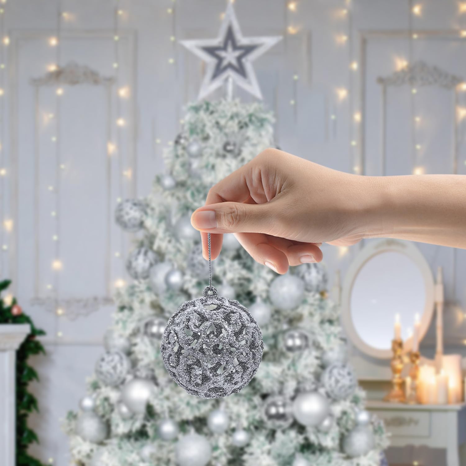 Lot de 101 boules de Noël en plastique incassables à suspendre pour décoration saisonnière avec 1 étoile de sapin de Noël (argenté)