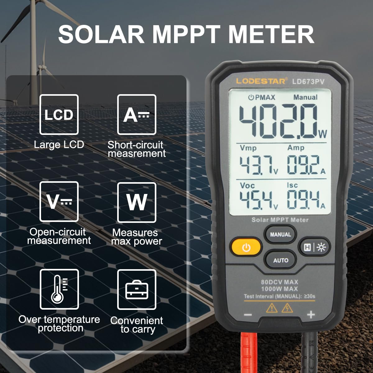 GALOOK Probador de Paneles Solares, 1000W, 80V DC máx, 35A Medidor de Potencia Solar MPPT para Paneles Fotovoltaicos, Comprobador de Módulos Fotovoltaicos para la Resolución de Averías
