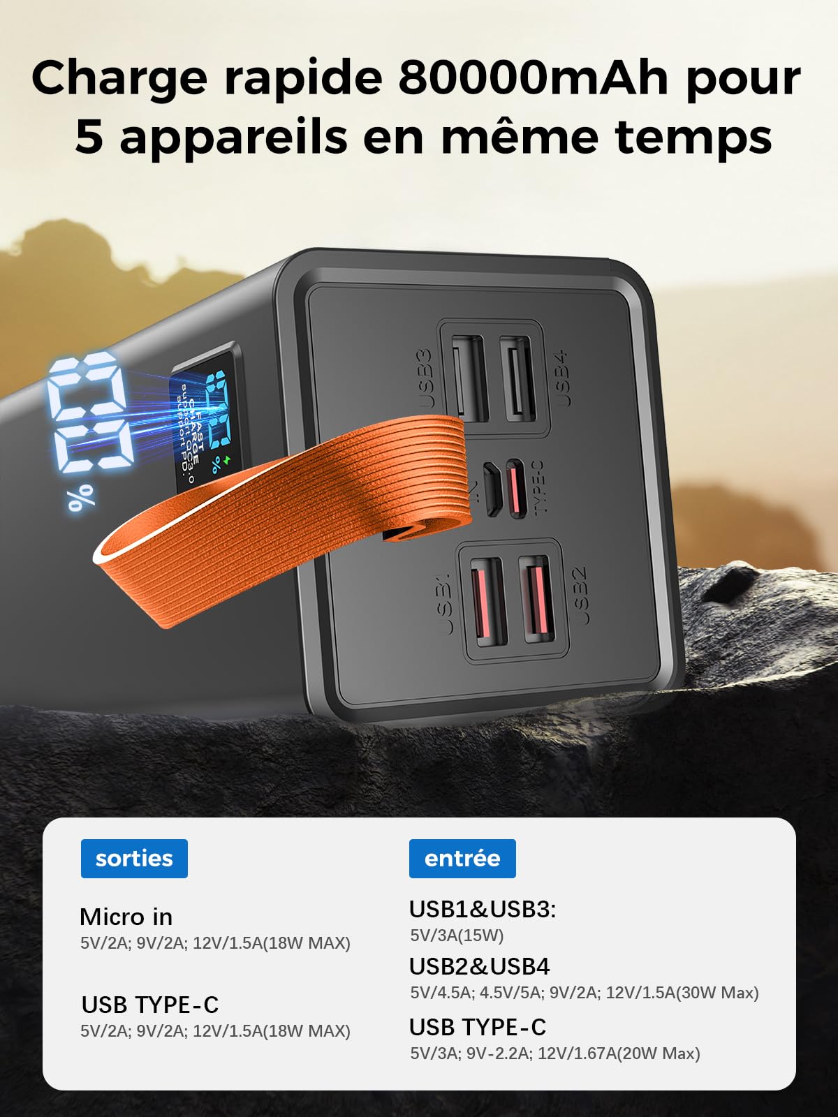 Power Bank 80000mAh, grand powerbank, batterie externe de téléphone portable PD 30W& QC 4.0 Recharge rapide Powerbank, USB C 5 sorties & 2 entrées avec écran LED Chargeur portable pour iPhone,Camping,