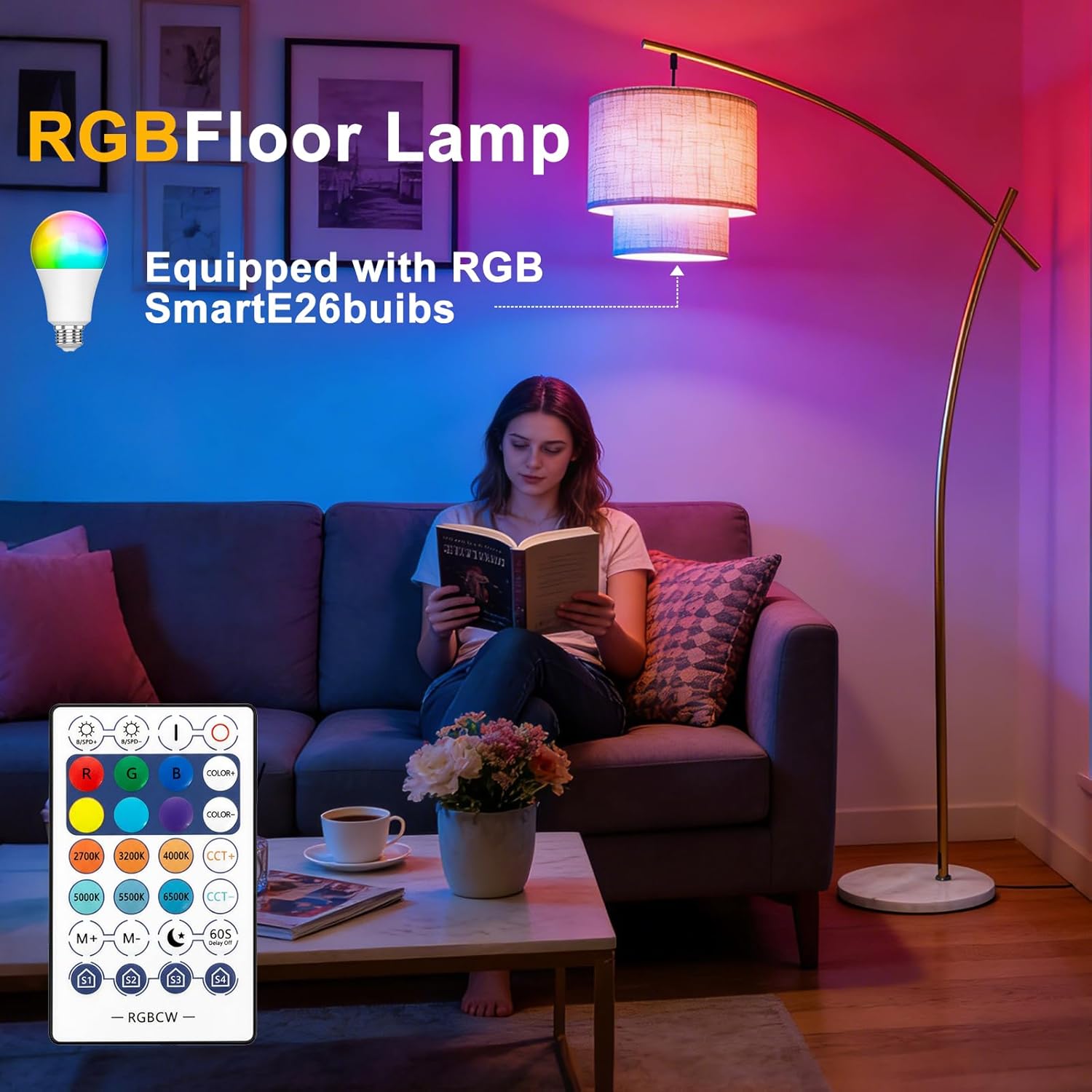 Lightdot Arc RGB Floor Lamp for Living Room, Modern Standing Lamps with Remote Control, Corner Lamp Tall Hanging Pole Lamp with Smart Bulb Included Double Linen Lamp for Bedroom Sofa Beside/Home Decor