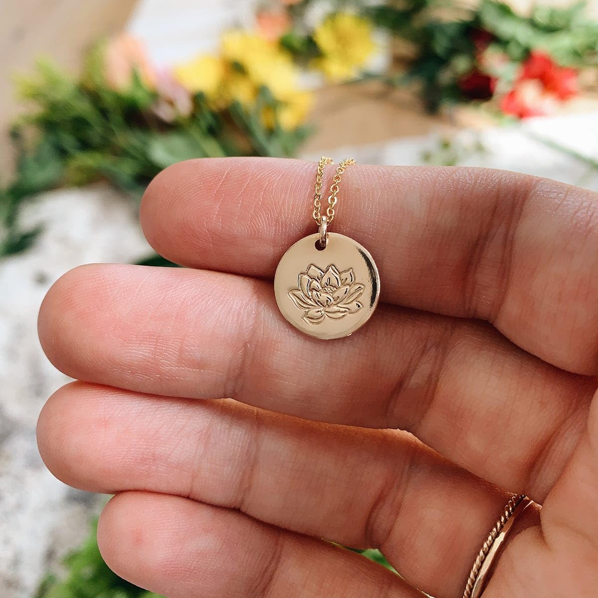 Made By Mary Birth Flower Necklace – 14K Gold Filled | Minimalist Layering Jewelry | Elegant Everyday Necklace | Adjustable Chain | 16 in | ½ in Hand-Stamped Disc Pendant