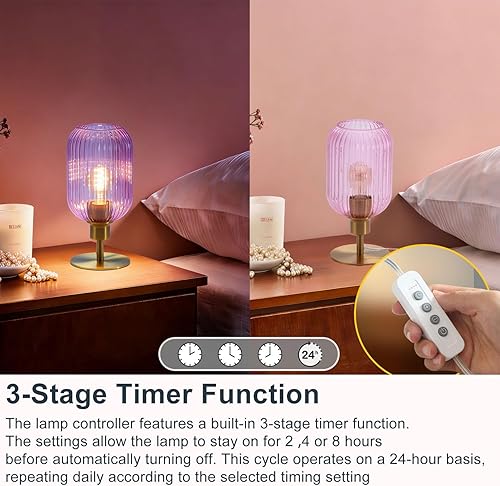 Miniatura 3 de Lámpara de mesa de cristal de mediados de siglo, lámpara de escritorio regulable, bombilla LED incluida, temporizador integrado, vidrio acanalado