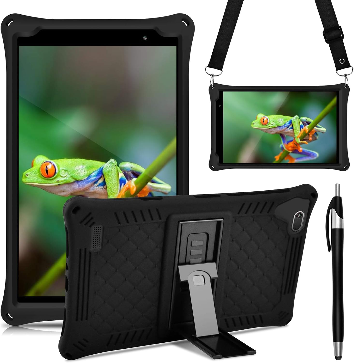 DETUOSI Silicone Case for Samsung Galaxy Tab A 8.0 2019, SM-T290/T295 Multi-Angle Stand Case with Shoulder Strap & Stylus Pen, Soft Lightweight Cover for TCL TAB 8 LE, Black