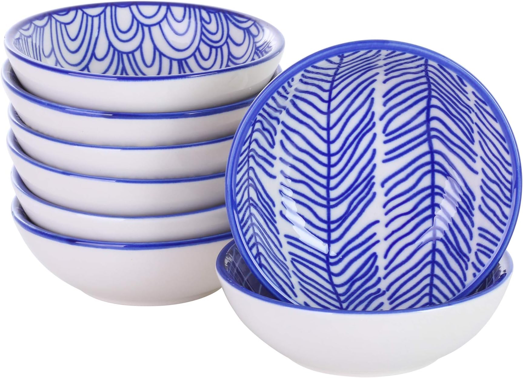 V VANCASSO Porcelain Sauce Dishes, 8 Piece Round Ceramic Dipping Sauce Dishes with TAKAKI Hand-Painted Series for Tomato Sauce, BBQ, Ketchup, Soy Sauce and Other Party - Blue
