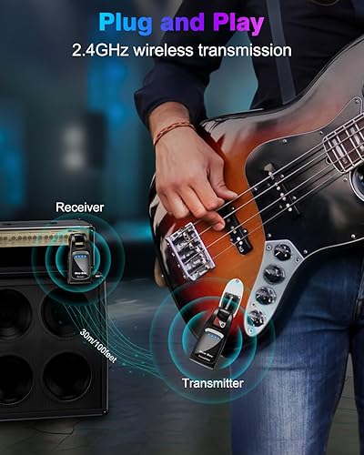 Miniatura 8 de Sistema de guitarra inalámbrica de 2.4 GHz con 6 canales de audio recargable, transmisor inalámbrico de guitarra receptor para guitarra bajo,