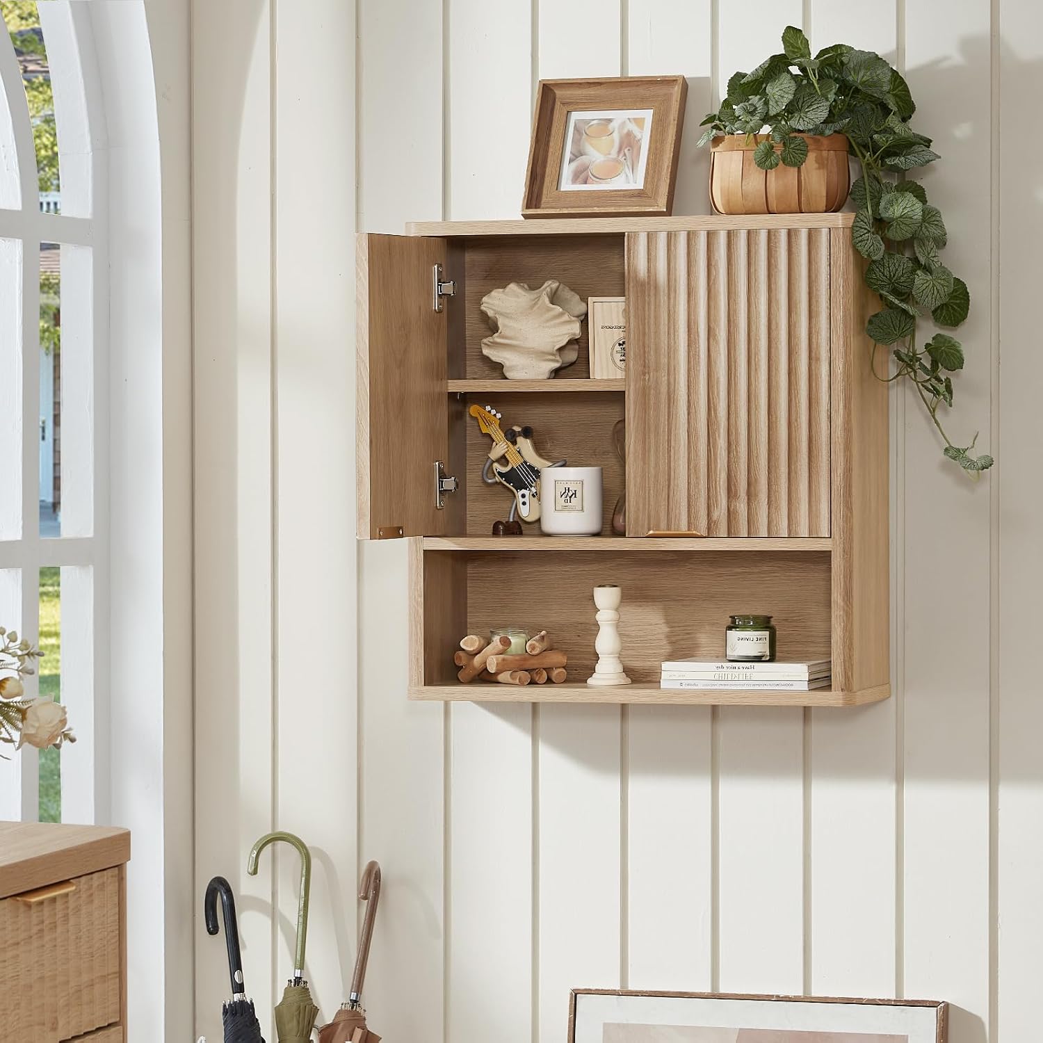 LEYAOYAO Fluted Over The Toilet Storage Cabinet & Bathroom Wall Cabinet Set of 2,Farmhouse Above Toilet Organizer,Medicine Cabinet w/Adjustable Shelf & Doors for Laundry Living Room Kitchen(Natural)