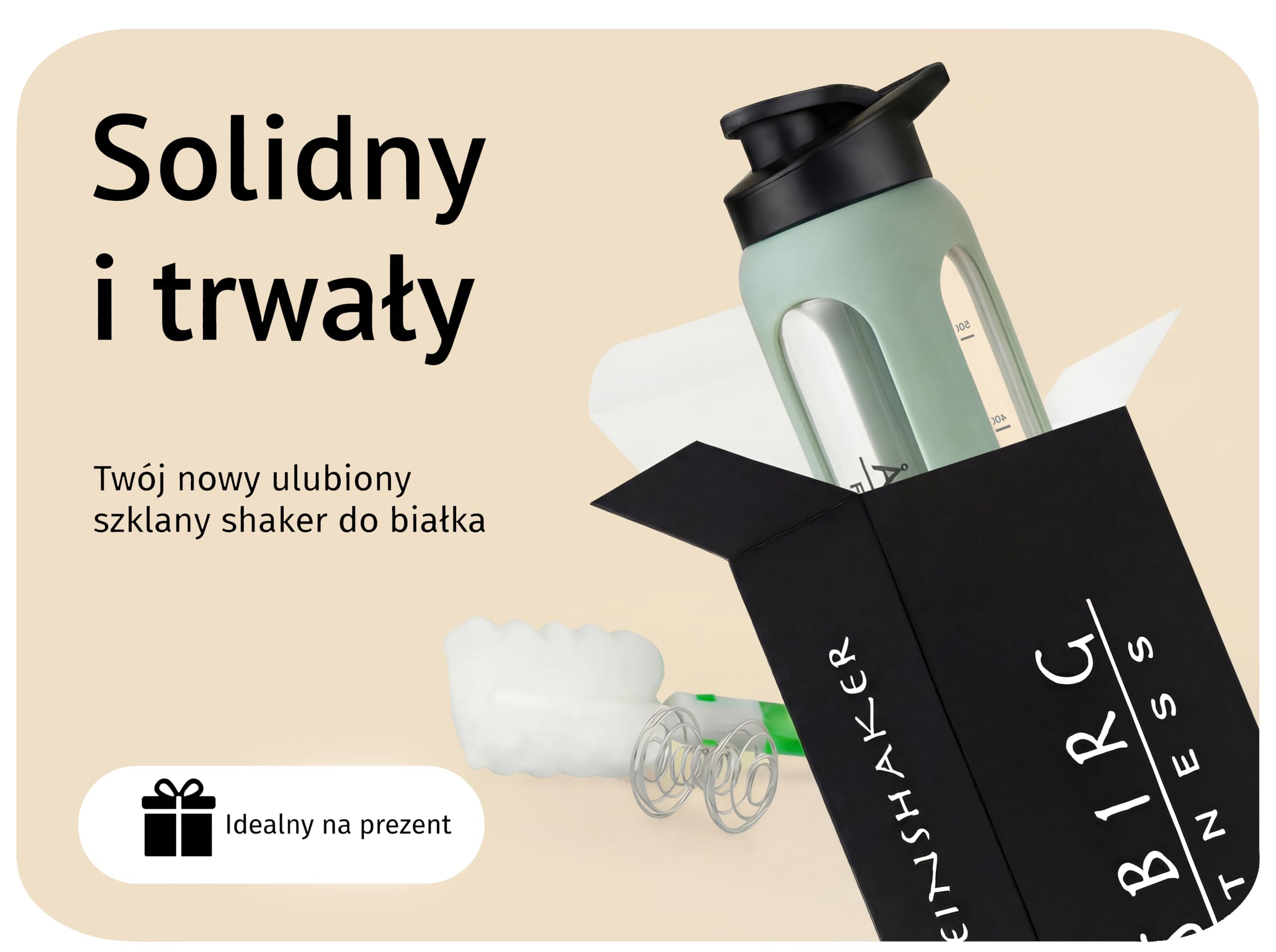 Fitness | Szklany shaker do białka 700 ml – butelka sportowa z silikonową osłonką, szczelna pokrywka i kulka miksująca ze stali nierdzewnej | Pastelowa Zieleń