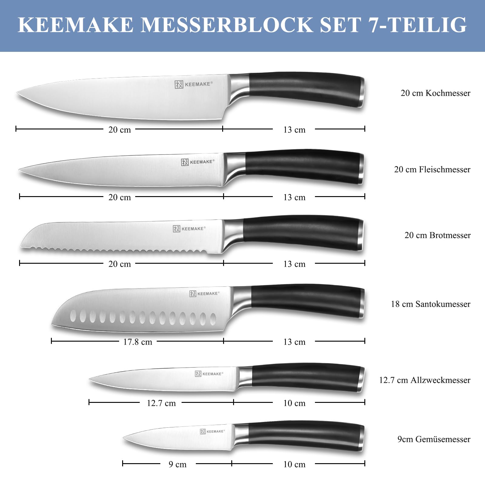 KEEMAKE Messerset 7-teilig mit Magnet Messerblock magnetisch – Profi Küchenmesser Set aus Edelstahl – Scharfe Kochmesser Brotmesser Santoku – Hochwertiger Messerhalter, Vatertagsgeschenk für Papa