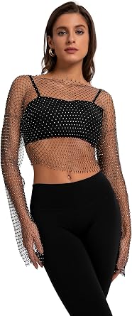 Women Sexy Sheer Mesh Rhinestone Crop Top - Mesh Body Chains See Through Cover up Sparkly Glitter Shirt Party Club Wear