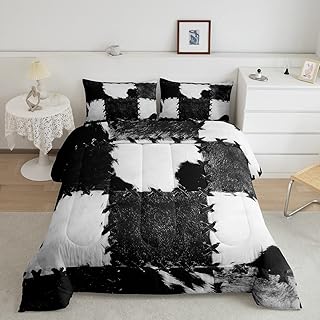 Cowhide Comforter Full Patchwork Cow Fur Print Bedding Set For Kids Boys Girls Cow Print Quilt Bedroom Decor Western Farmhouse Theme Soft Microfiber Duvet Insert With 2 Pillowcases,Black White Grey