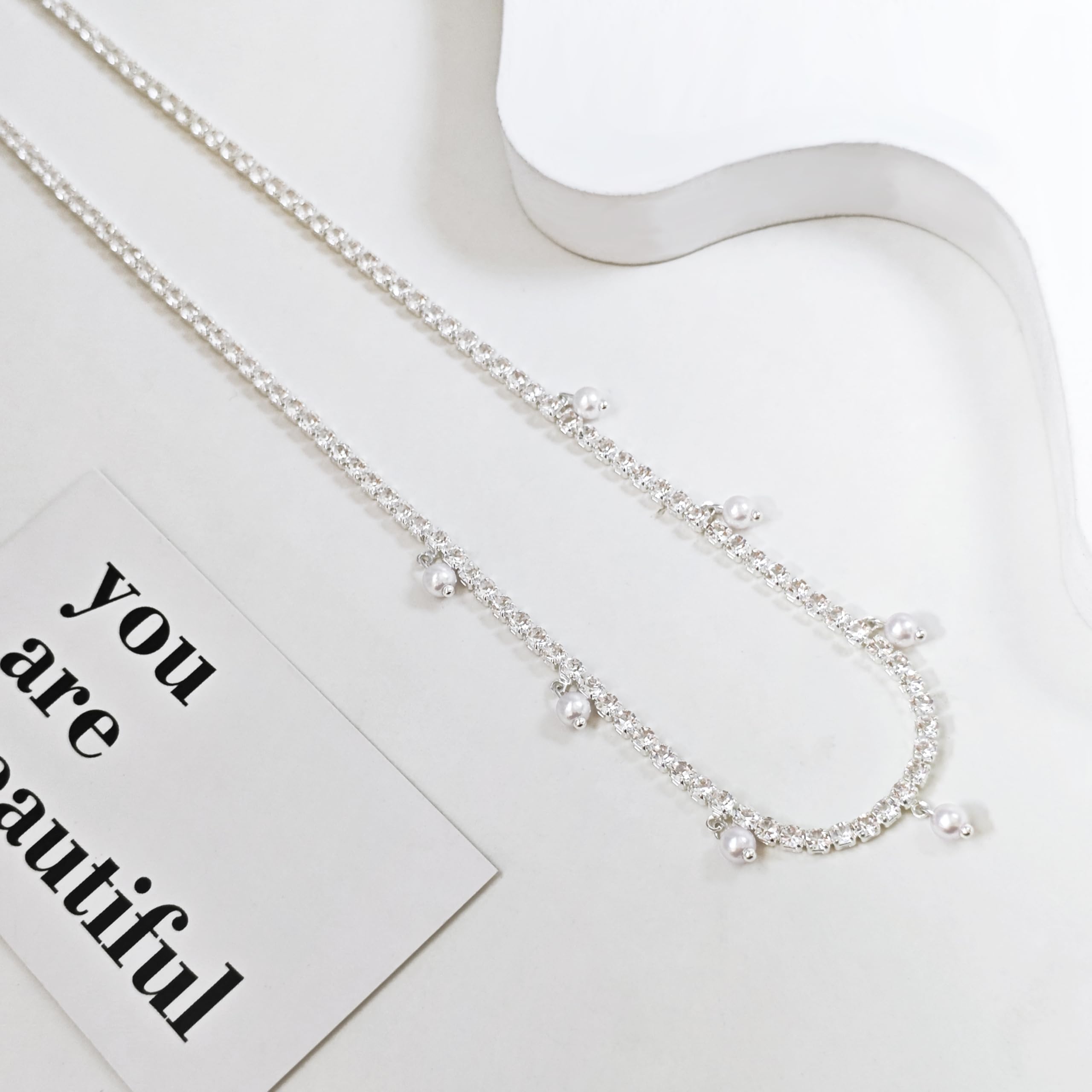 Luxval Tennis Necklace 14K Gold Plated Rhinestone Butterfly Choker Necklaces for women Dainty Zirconia Cut Faux Diamond chain 3mm: Silver-Pearl dangle tennis