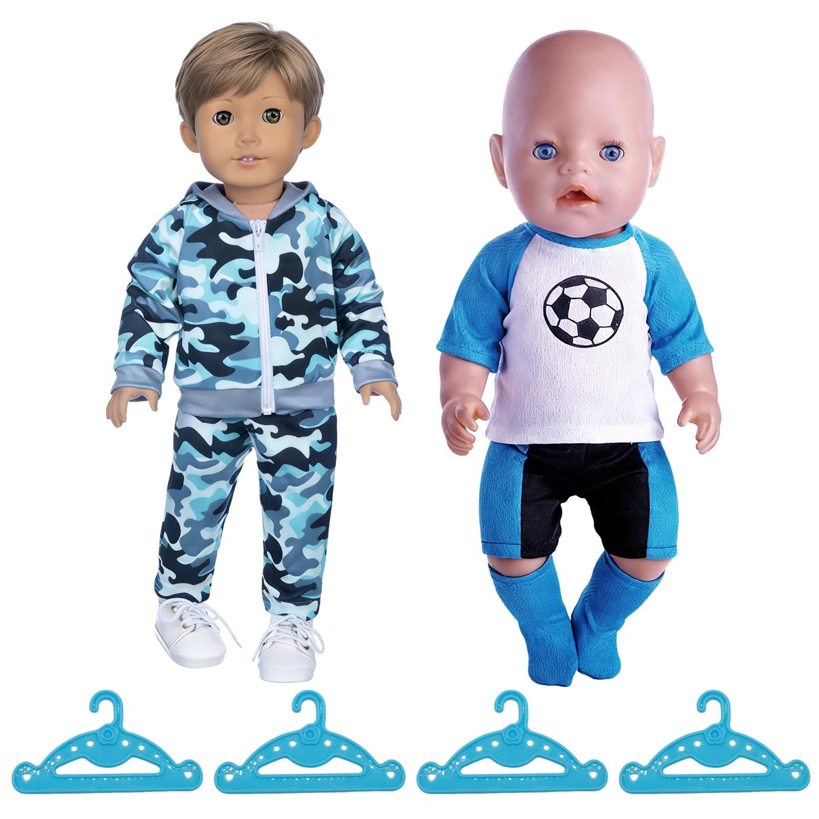 9Pcs Doll Clothes for 18 Inch 45 cm Dolls, Camouflage Jacket & Pants Set and Football Underwear Shorts Socks Doll Outfits Set with Hangers, Fashion Doll Clothes for Daily Casual & Sporty Style