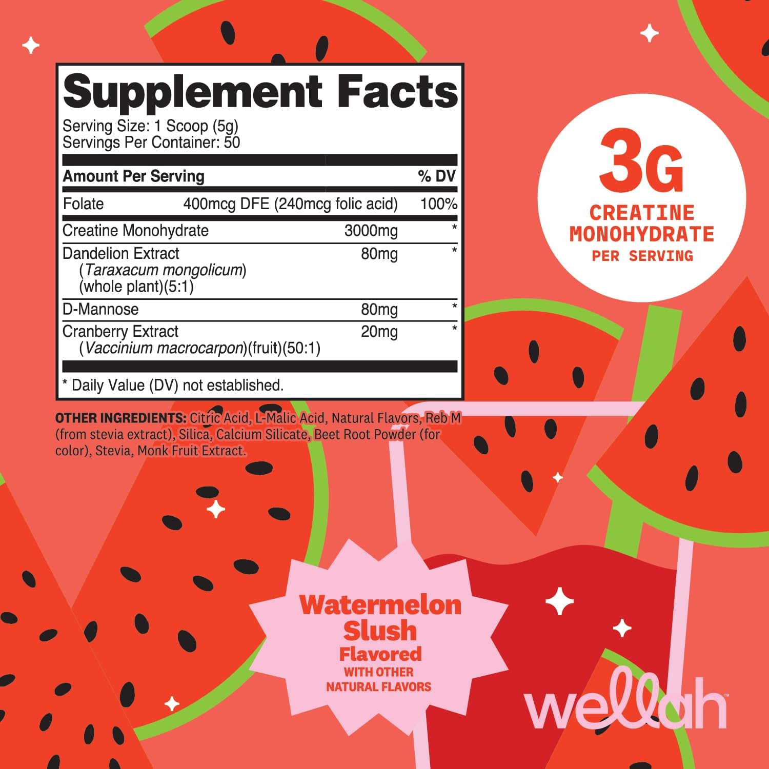Wellah Creatine for Women - Creatine Monohydrate with Dandelion & Cranberry Extract (50 Servings, Watermelon Slush) - Image 2