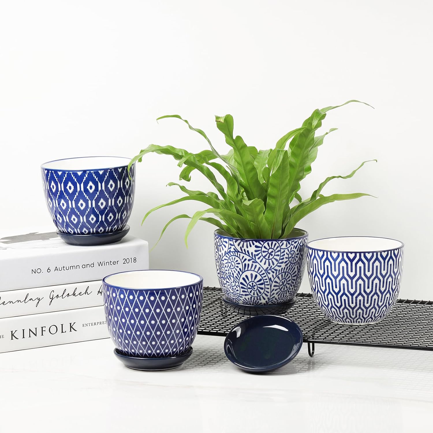 Selamica Ceramic Plant Pots, 4.6 Inch Flower Pots for Indoor Plants, Succulent Pots with Drainage Hole & Saucer, Succulent Planters for Succulent Cactus, Home Decor, Set of 4, Vintage Blue