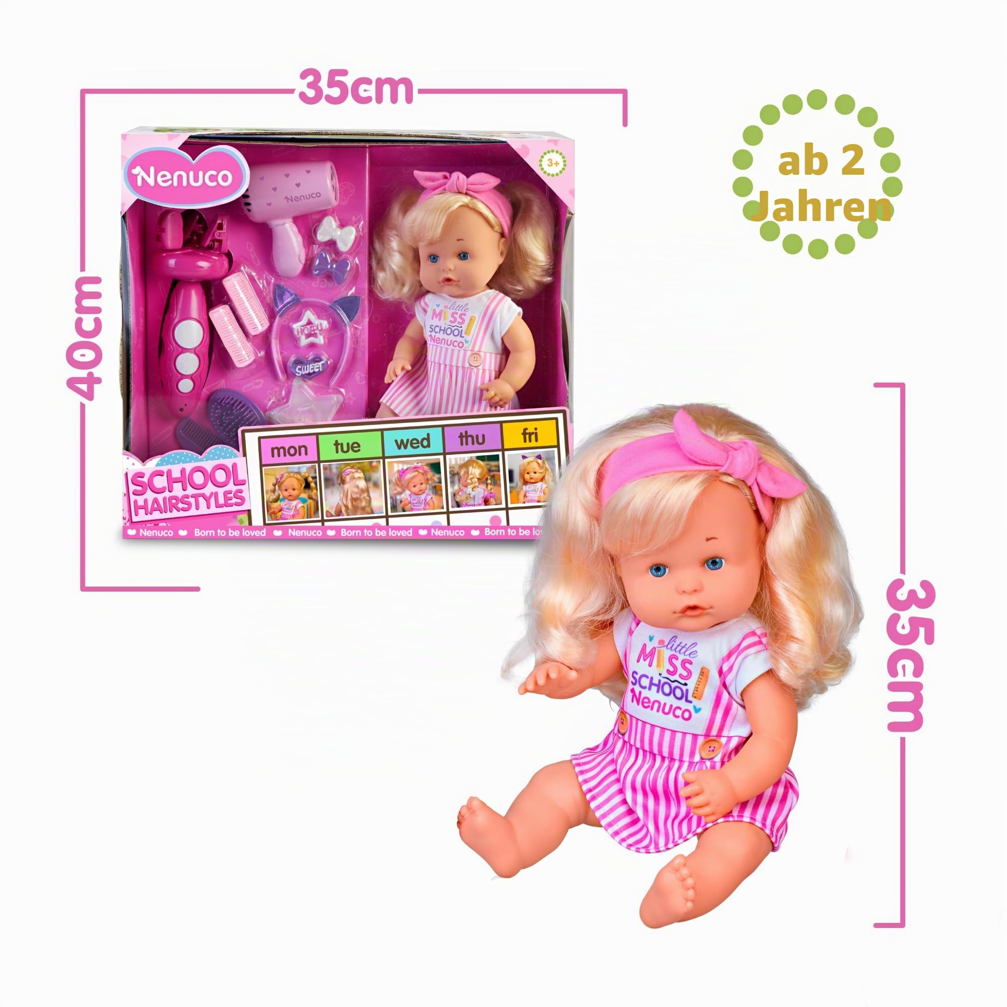 Nenuco - Frisuren für Cole, Babypuppe, Harter Körper, 35 cm, mit blonden und Langen Haaren, um Verschiedene Frisuren zu Machen, viele Accessoires wie Zöpfe, seit 2 Jahren, berühmt (NFN60000)