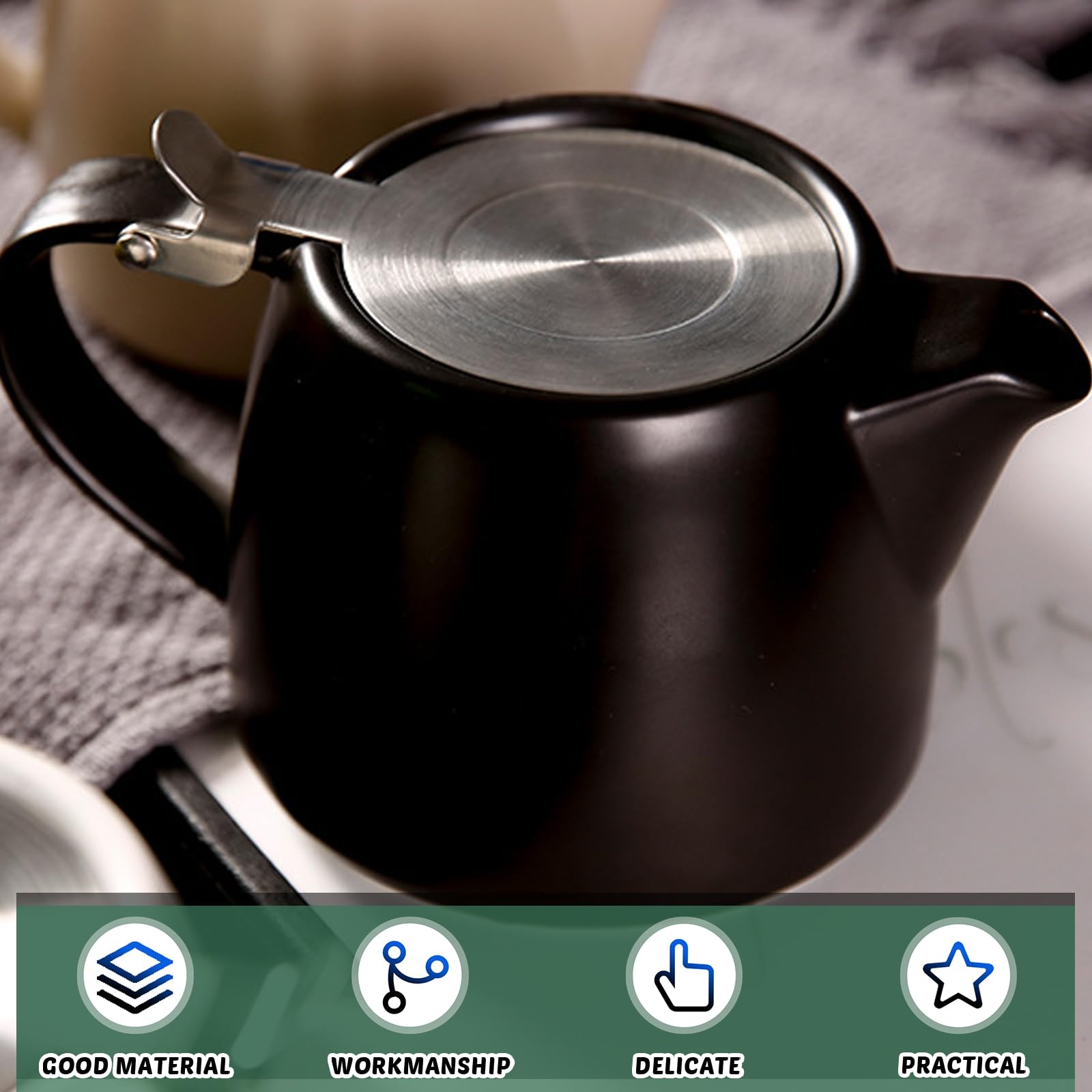 Tetera con filtro de 500 ml, tetera de cerámica negra con colador de acero inoxidable extraíble, tetera de porcelana para té suelto y bolsitas de té