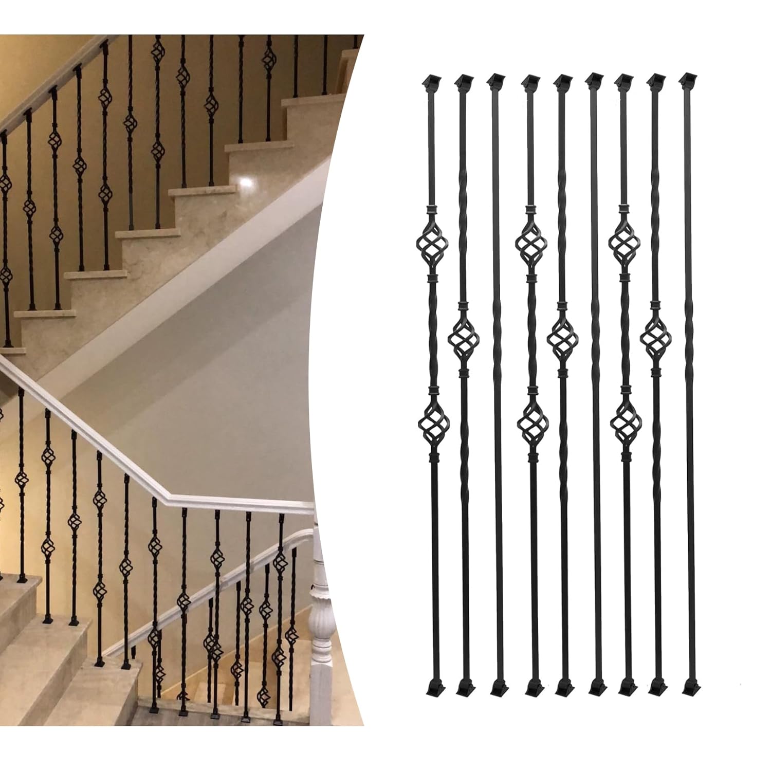 9 Pack Iron Balusters,Hollow Double Basket Iron Spindles Hollow Single Basket Staircase Balusters Single Twist 1/2" Square Stair Balusters with 18 Swivel Shoes Double & Single Basket 9