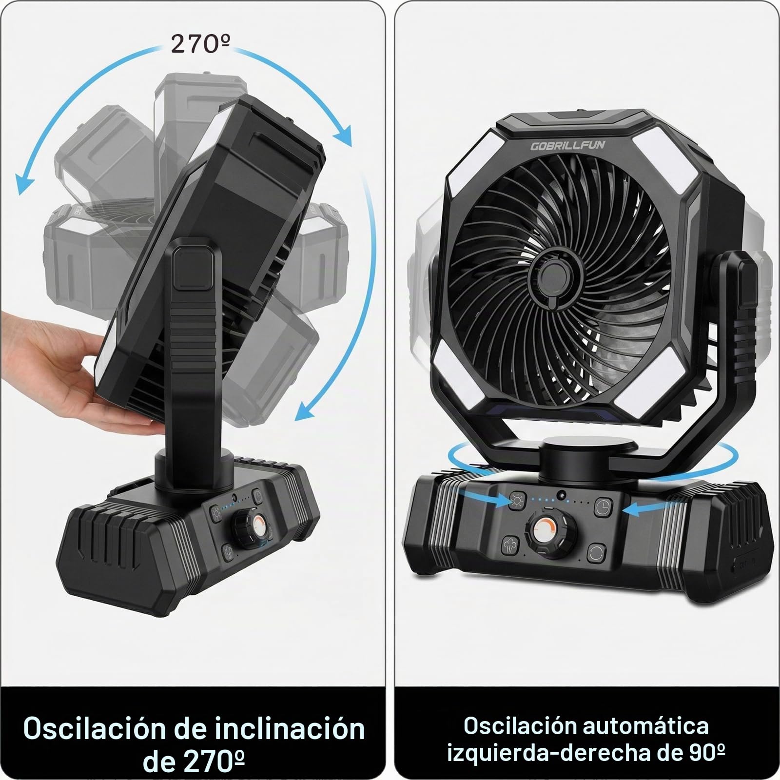 Ventilador a Batería con Nebulizador, Ventilador Portátil Recargable 10000mAh, Ventilador Oscilante con Depósito 300mL, Control Remoto, Luz LED, Temporizador para Camping Terraza Playa Oficina