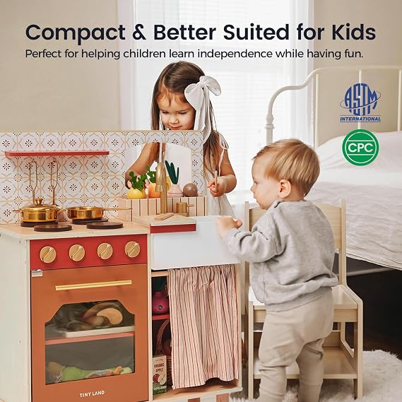 Tiny Land Wooden Play Kitchen for Toddlers, Warm Retro Design