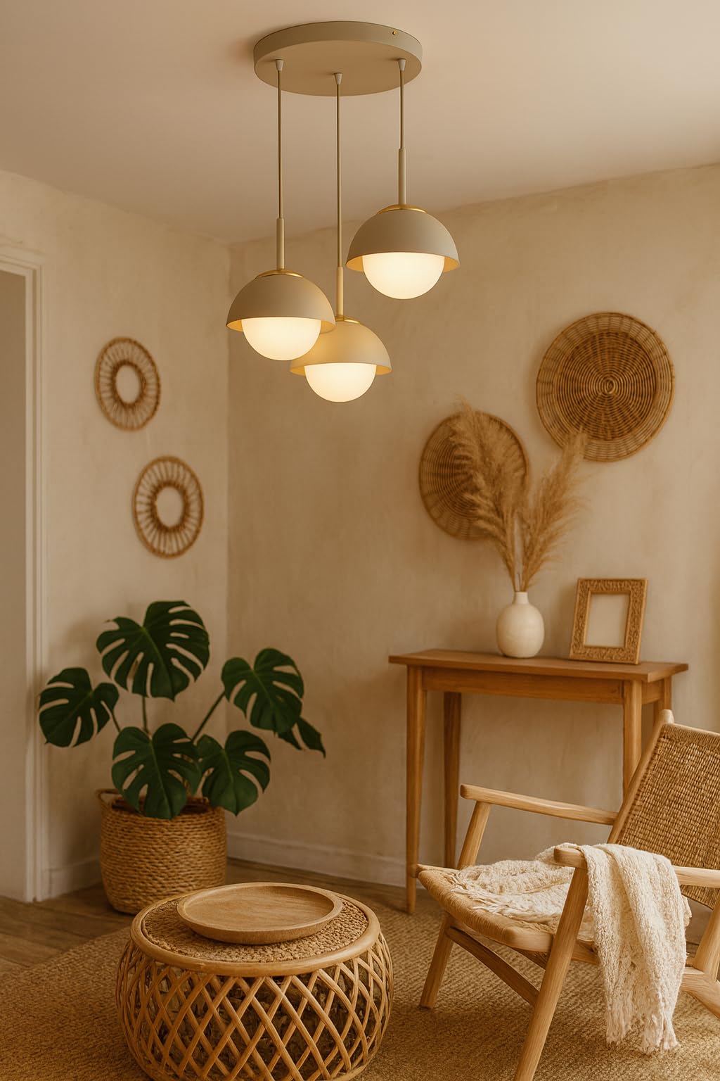 Pendellampe 3-flammig Beige – Cosmo Ecru Kaschmir Hängeleuchte aus Metall & Glas – E27 Lampen für Esszimmer oder Wohnzimmer – LED geeignet