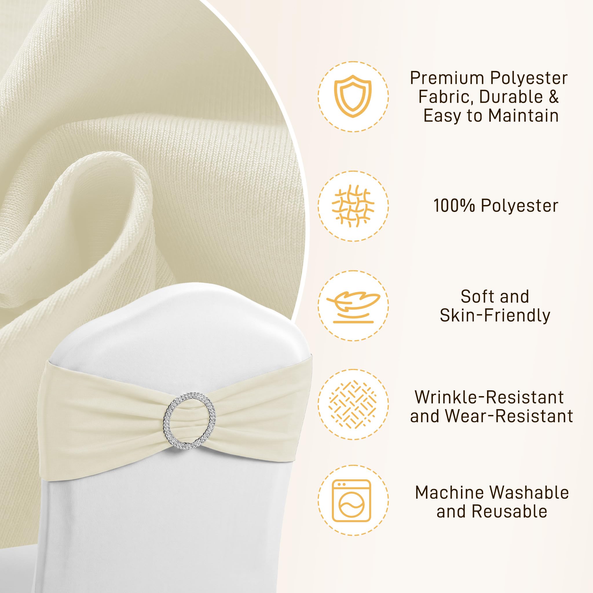 UISEBRT 100 Stück Elastische Stuhlschleifen mit Strass-Schnalle,Stuhl Bänder Spandex-Stuhlschärpe mit Diamant-Ring,Dehnbare Stuhlschleife für Hochzeit, Geburtstag, Party, Dekoration,Elfenbein