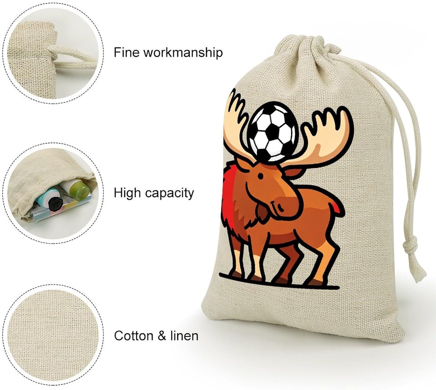 Canadian Moose Soccer Drawstring Bags Cotton Linen Pack of 8 | Reusable Storage Gift Pouch Party Home Supplies