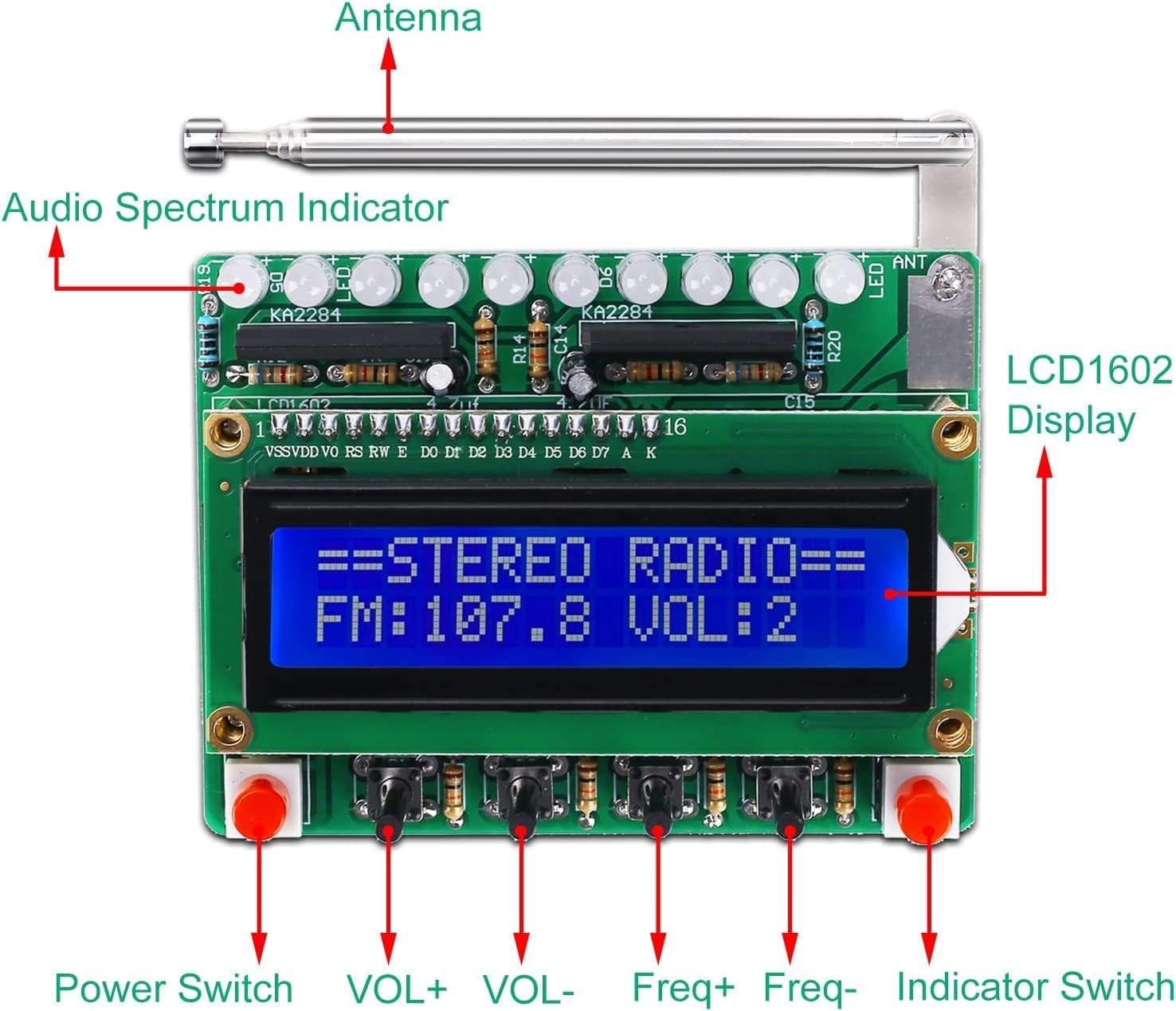 Kit de Radio FM Proyectos de Soldadura de Bricolaje Radio FM 87-108MHz Kit de práctica de Soldadura Pantalla LCD1602 para Aprendizaje Enseñanza Educación Stem Bricolaje