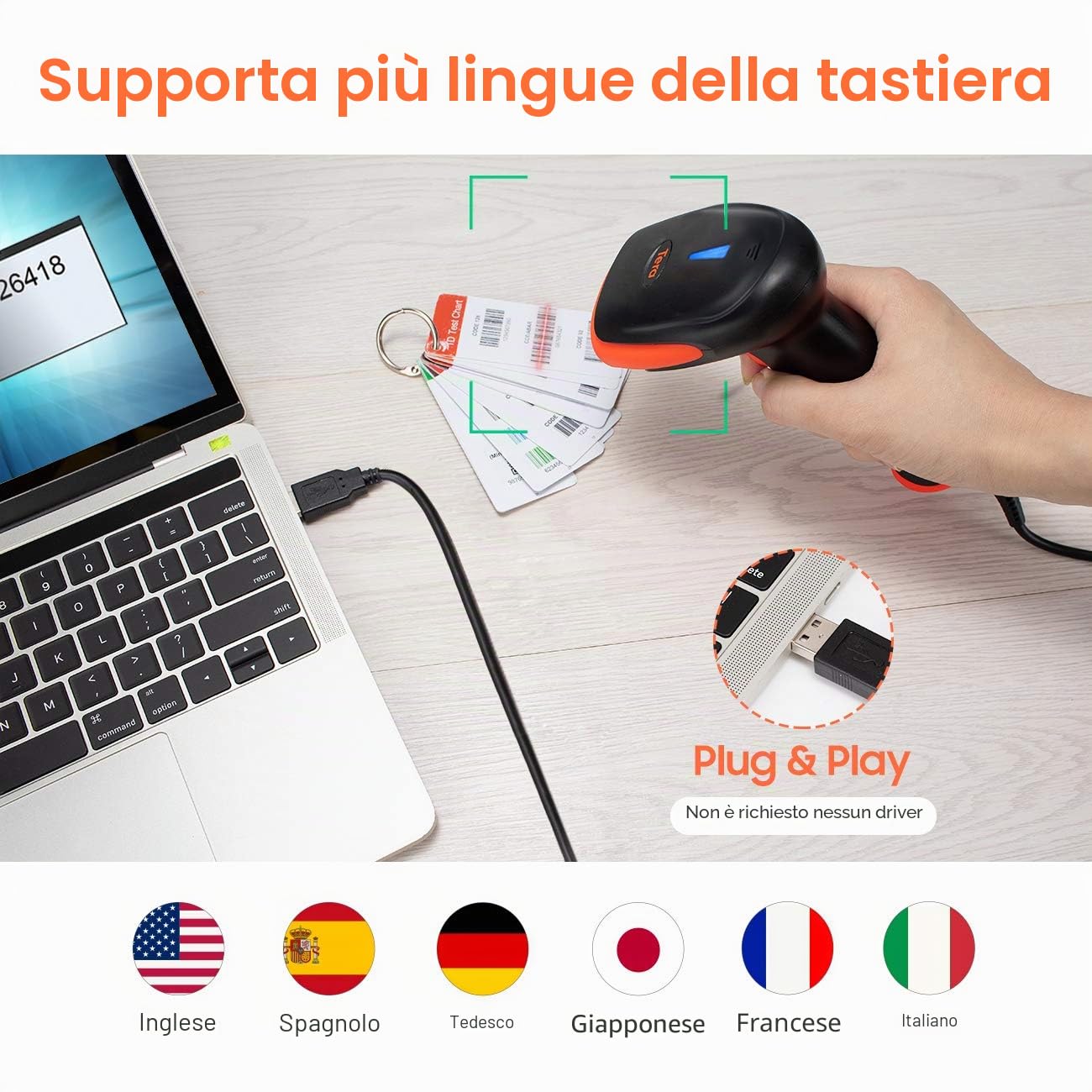 Tera Barcode Scanner CCD 1500 Lettore di Codici a Barre Cablato 1D USB, Scansione di Codici a Barre su Schermi Digitali, 1500C