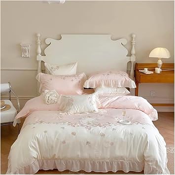 Romance French Rose Flowers Embroidery Lace Ruffles 1000TC Cotton Bedding Set Duvet Cover Bed Sheet Pillowcases Pink Flat King Size 4pcsPink,Queen Size