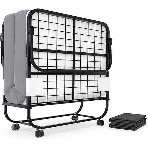 Karcog Twin Size Folding Bed with Mattress - Heavy-Duty Foldable Guest Bed with Storage Cover & Wheels, Space-Saving Design for Home/Office, 75" x 38"