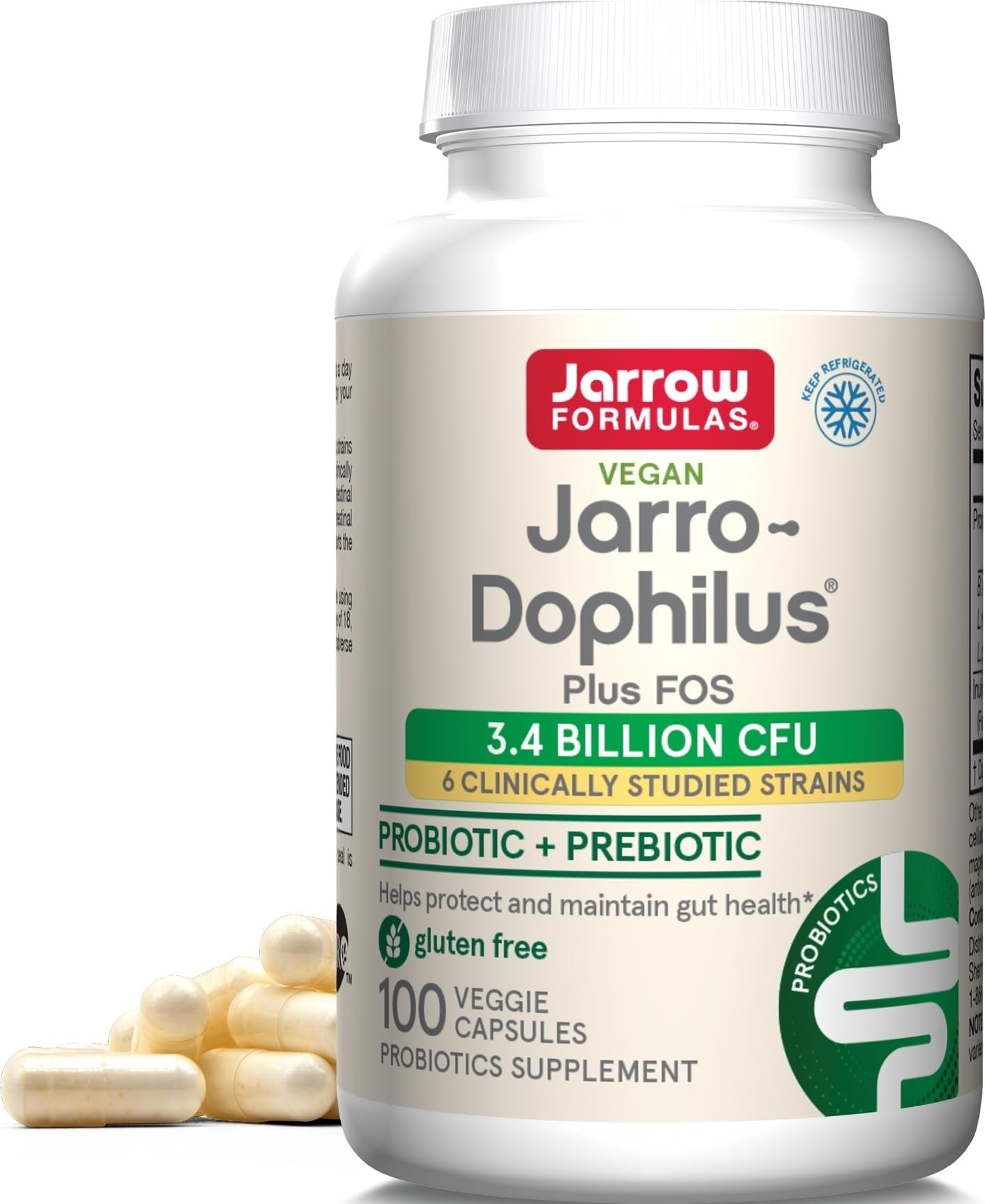 Jarrow Formulas Jarro-Dophilus + FOS - 3.4 Billion CFU Per Serving - Prebiotic & Probiotics Supplement for Immune & Intestine Support - Up to 100 Servings (Veggie Caps) 100 Count (Pack of 1)