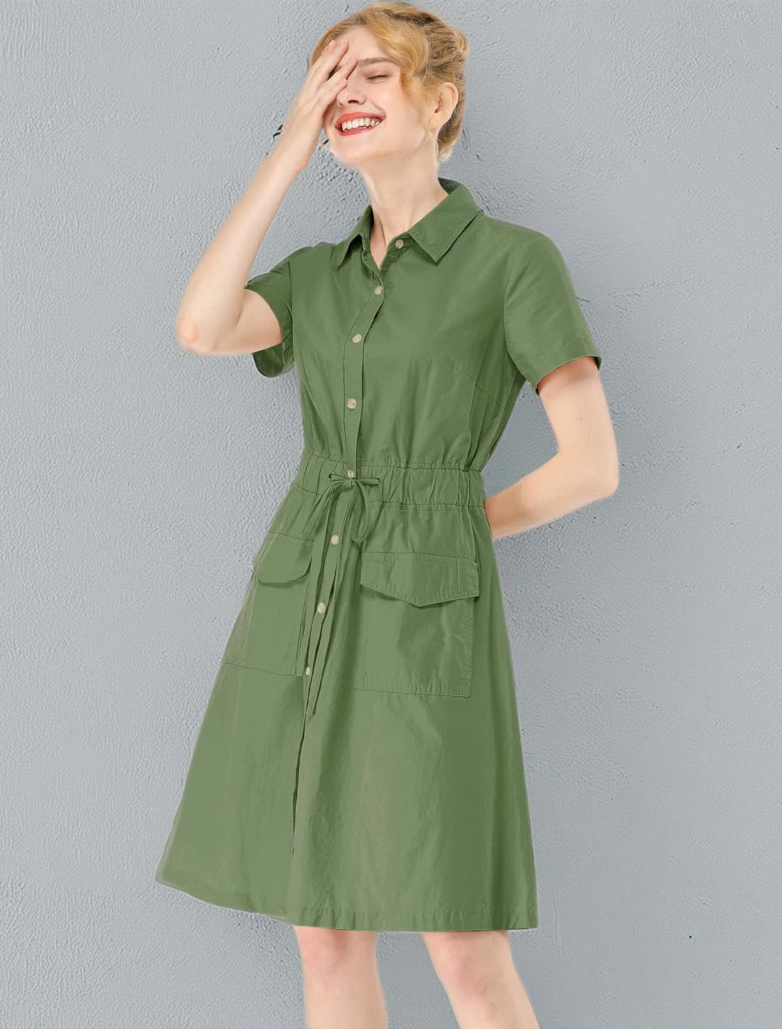 Allegra K Women's Safari Dresses Short Sleeve Cotton Button Down Collar Shirt Dress - Image 6