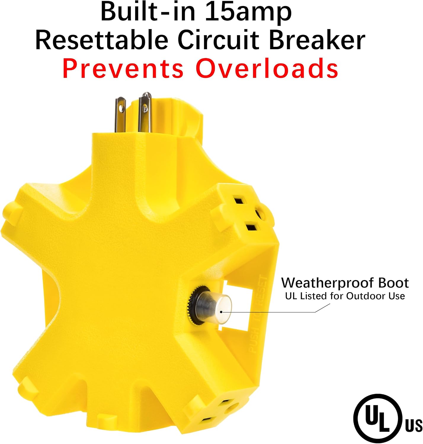 Clear Power 5-Outlet [UL Listed] Outdoor Rated Power Hub Extension Cord Adapter 15A 1875W Circuit Breaker, Yellow, CP10000
