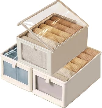 Wardrobe Storage Organiser Foldable Clothes Storage Organiser Boxes for Wardrobe Shelves Drawers Organisers for Jeans Sweaters Trousers (Beige - 3Pcs with Lids)
