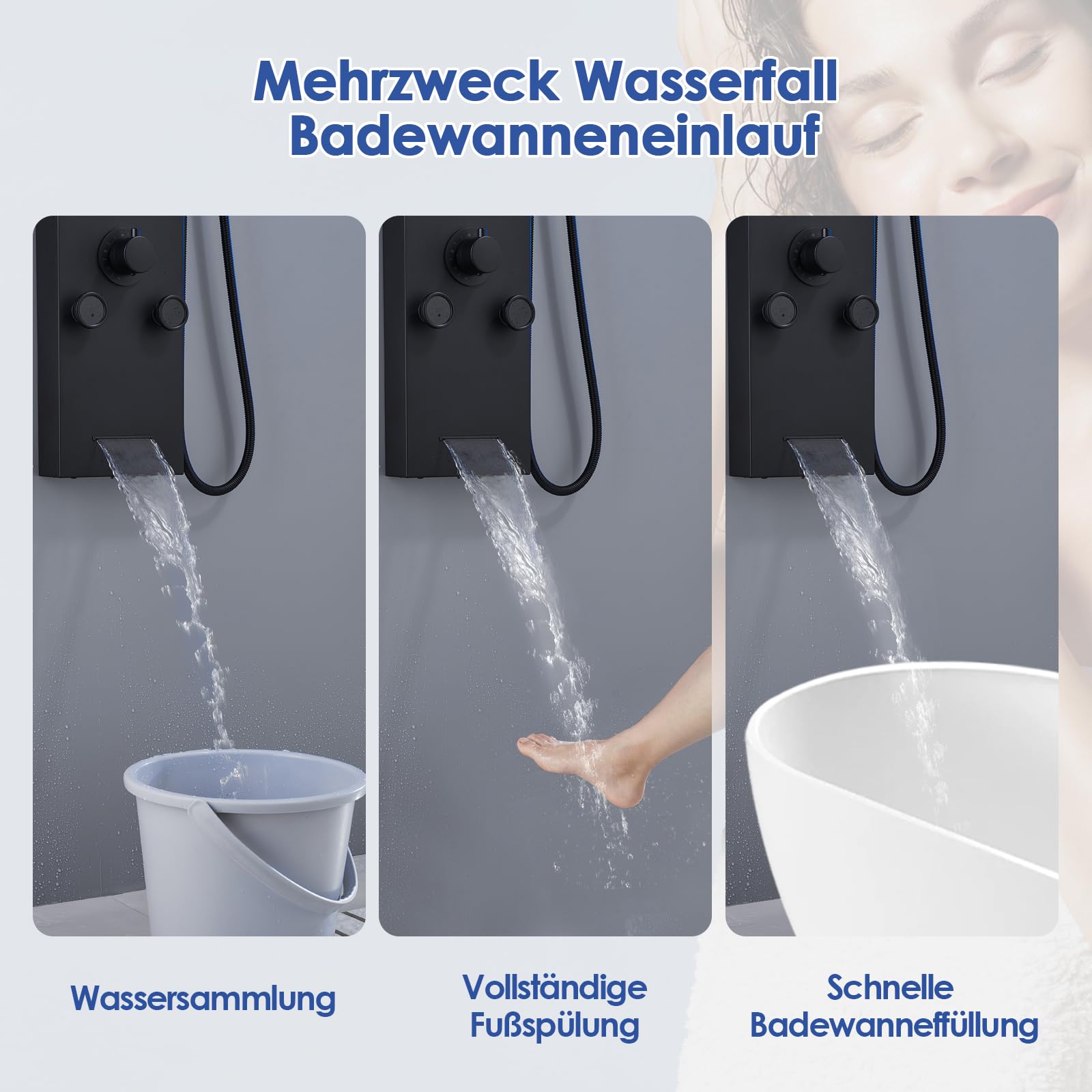 ROVOGO Komplett Schwarz LED Duschpaneel mit Thermostat, 5 Funktionen Duschsäule Regenfall Wasserfall Duschkopf, 2 Strahlarten Massagedüsen, Handbrause, Wanneneinlauf, Edelstahl Duschpaneel mit Armatur