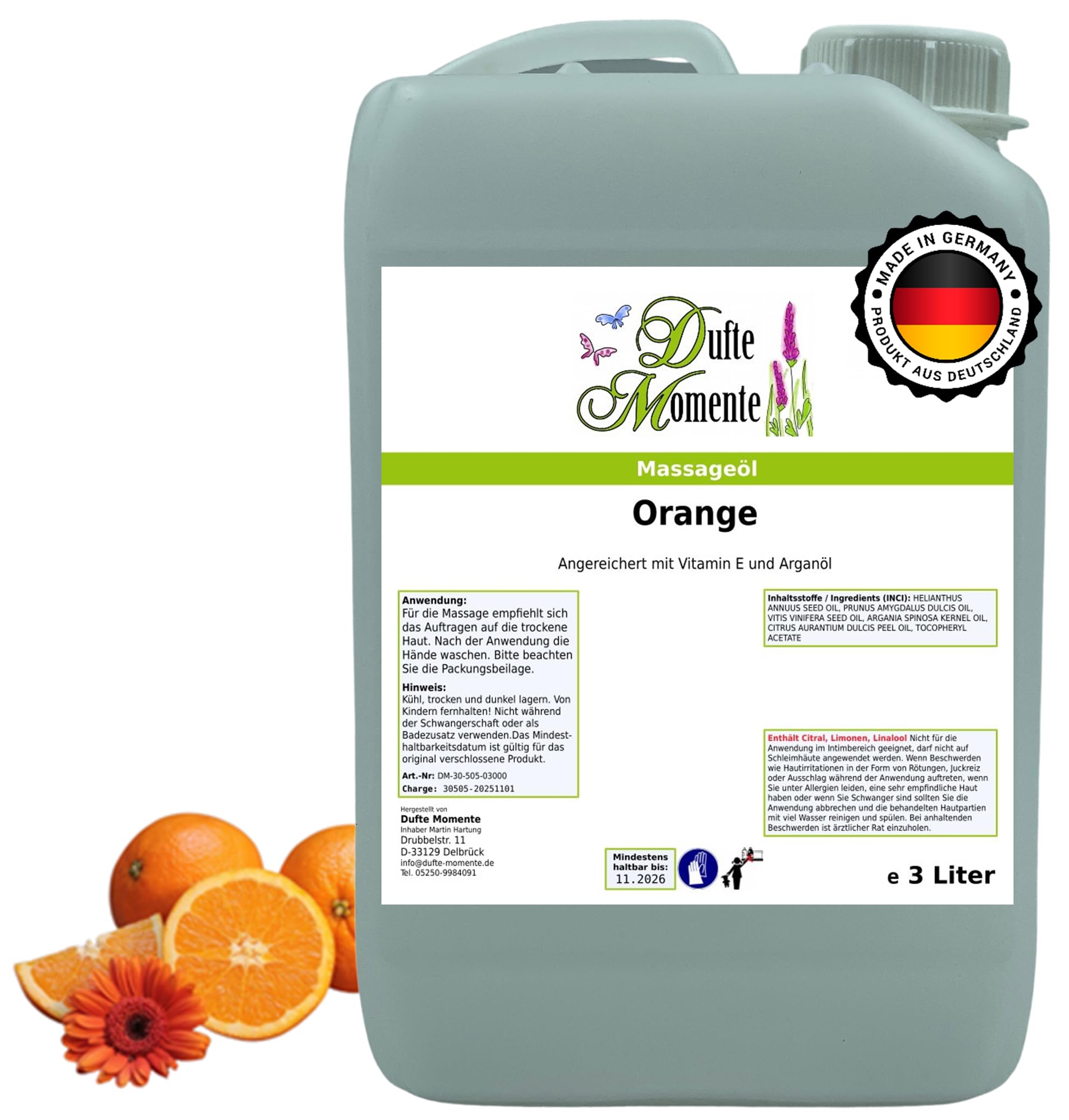 Dufte Momente Massageöl Orange – 3 Liter – Pflanzenölbasis mit ätherischem Orangenöl – fruchtig & belebend – für Massage & Wellness – vegan & Made in Germany