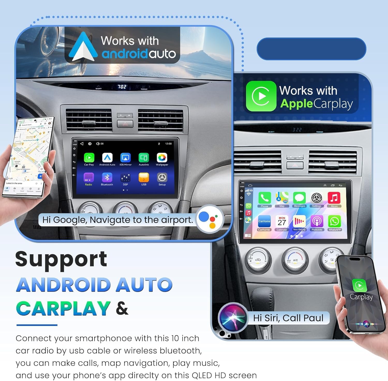 Car Radio Stereo for Toyota Camry 2006-2011 with Manual AC (Without JBL Sound System), Support Wireless Carplay/Android Auto/Mirrorlink, 10 Inch QLED Touchscreen with Bluetooth,FM Radio