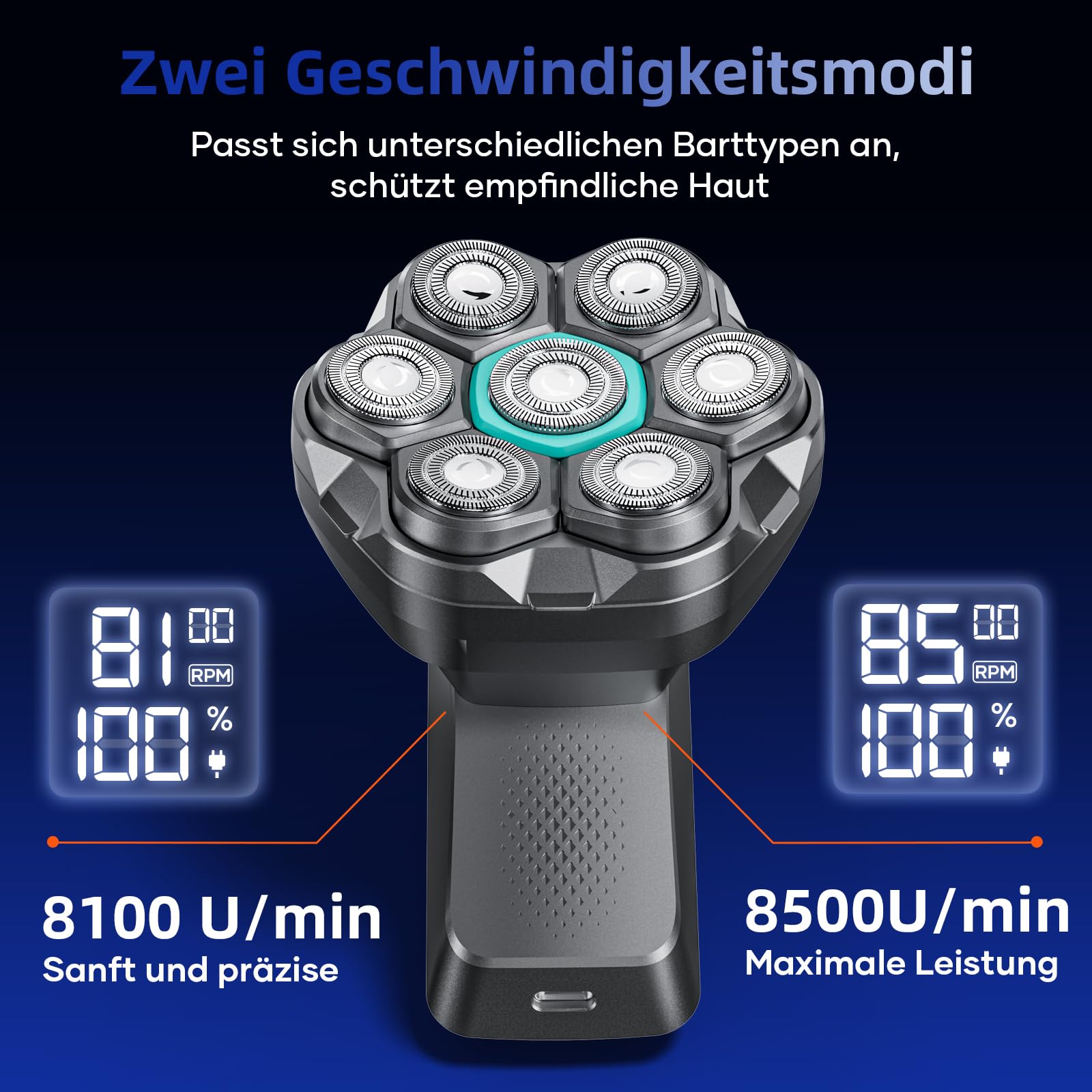 Glatzen Rasierer Herren, kensen Glatzenrasierer 7D Schwebender Kopfrasierer Glatze Wasserdicht Head Shaver Men Magnetische Glatzenschneider Wiederaufladbar Typ-C Glazenrasierer 8100&8600U/Min