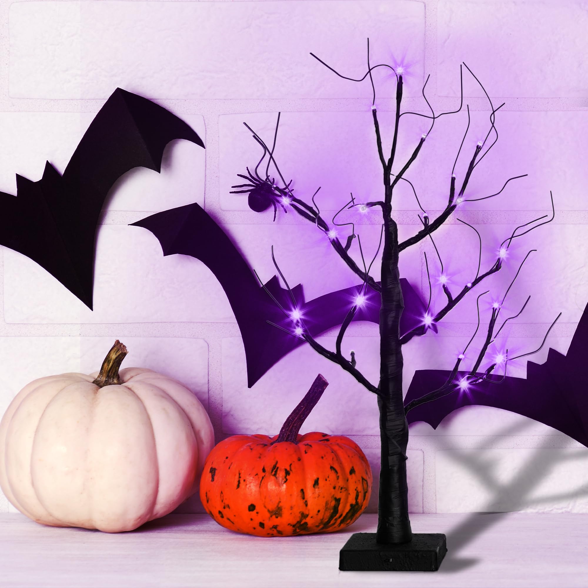 Alfanite 2FT Black Spooky Tree, USB & Battery Operated Tabletop Halloween Tree with Timer for Lighted Indoor Decor (Purple 1 PK)